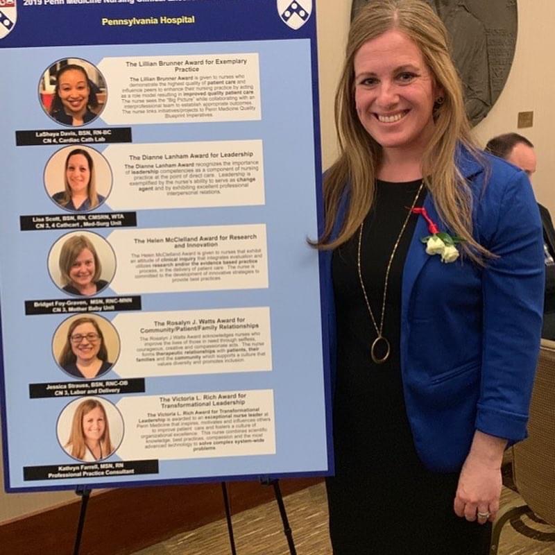 Katie Farrell, MSN, an assistant clinical professor and track director at the College of Nursing and Health Professions, receiving the Nurse Leader Award when she worked at Penn Medicine.
